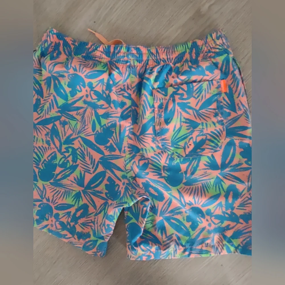 Chubby's Pink/ Turquoise Palms Drawstring Elasticized Waist Zip Swim Sho…